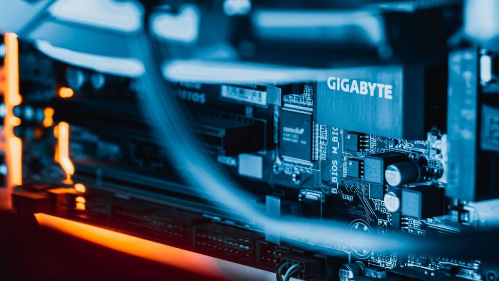 A closeup photo of a Gigabyte motherboard