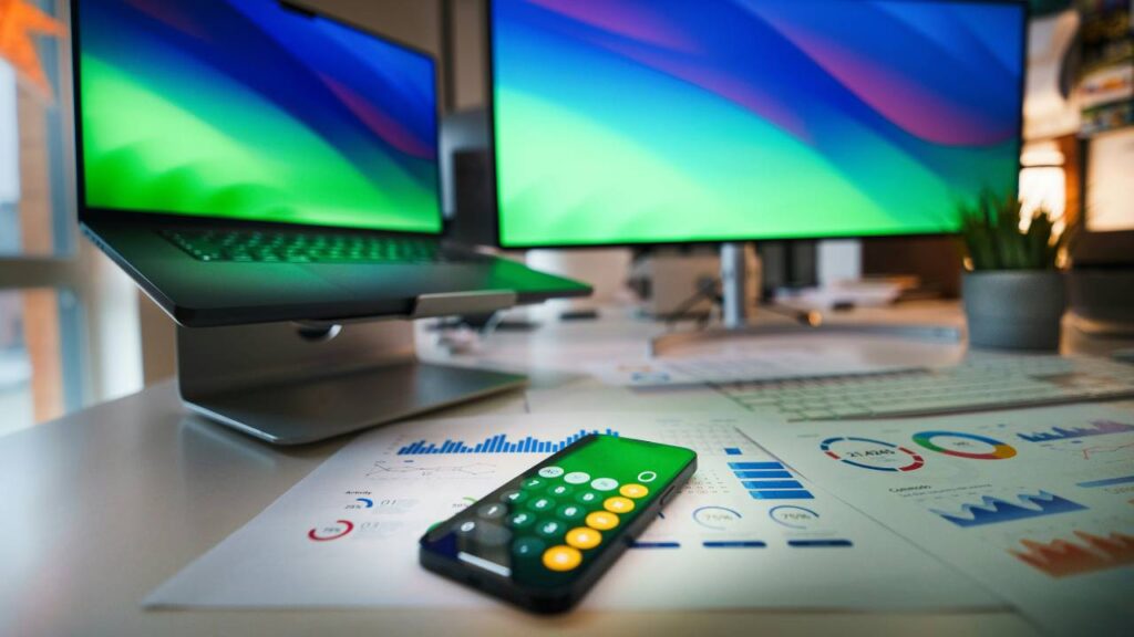 A smartphone with the calculator app on it in front of two computer monitors