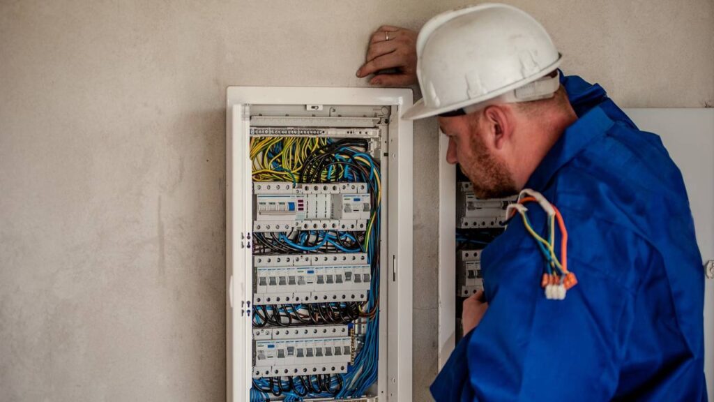 A professional electrician performing a check of electrical installations 