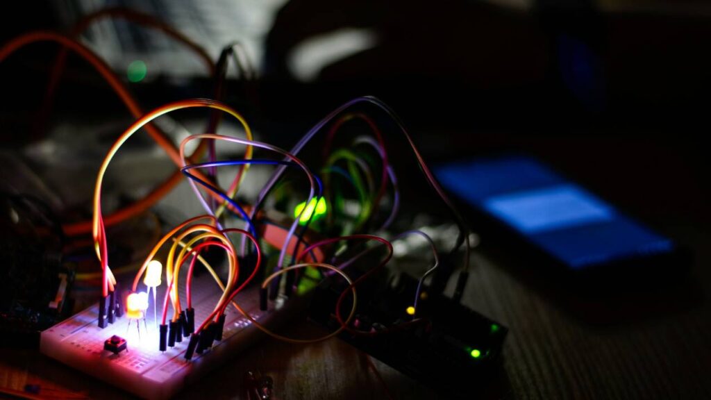 Wires connected to a piece of computer hardware