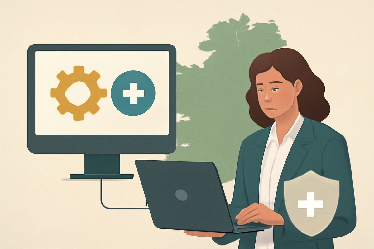 Editorial illustration of IT and building energy management integration in Irish healthcare, considered professional palette